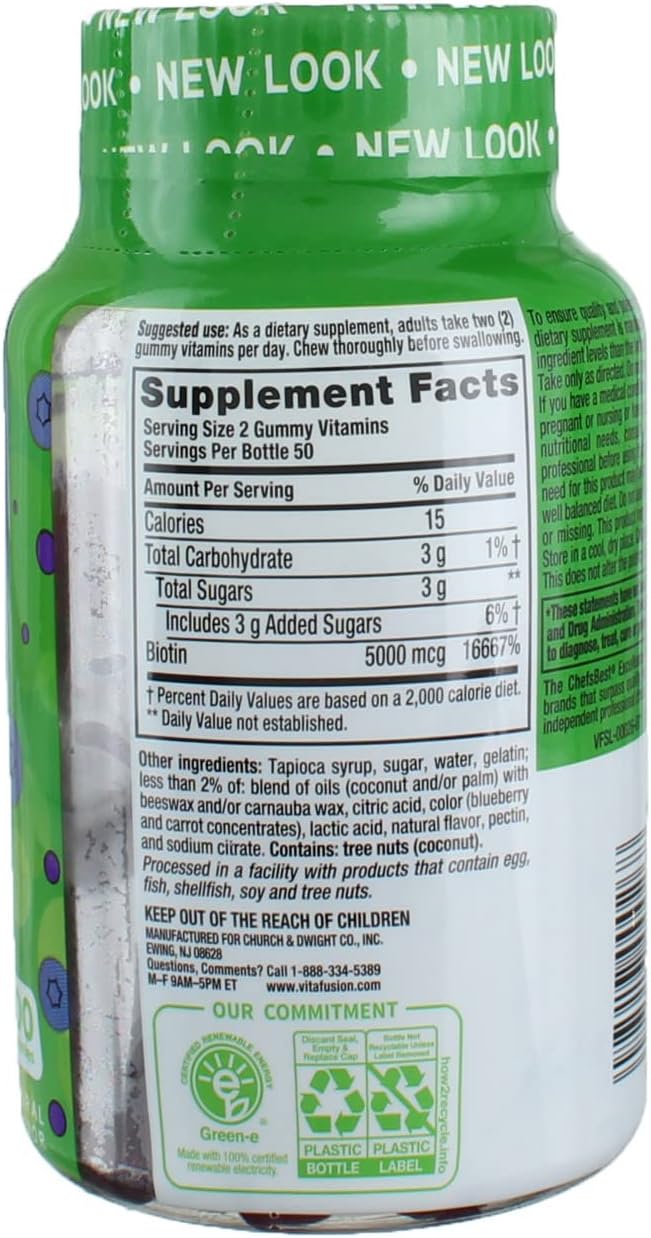 Vitafusion Biotina 5000 mcg Gominolas, Extra Strength, Sabor Natural a Arándano, 100 uds (Pack de 3)