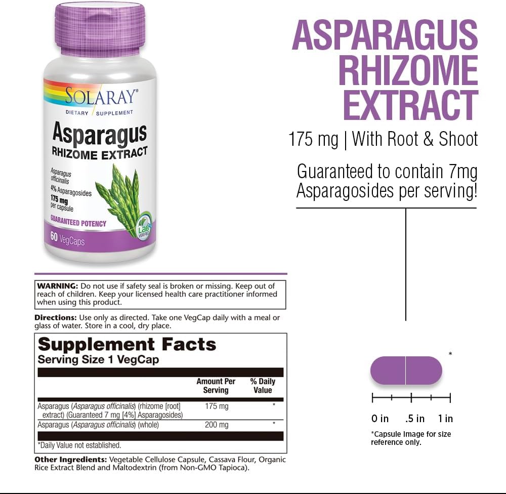 SOLARAY Asparagus 175 mg - Extracto de Raíz de Espárrago - 60 Cápsulas Veganas