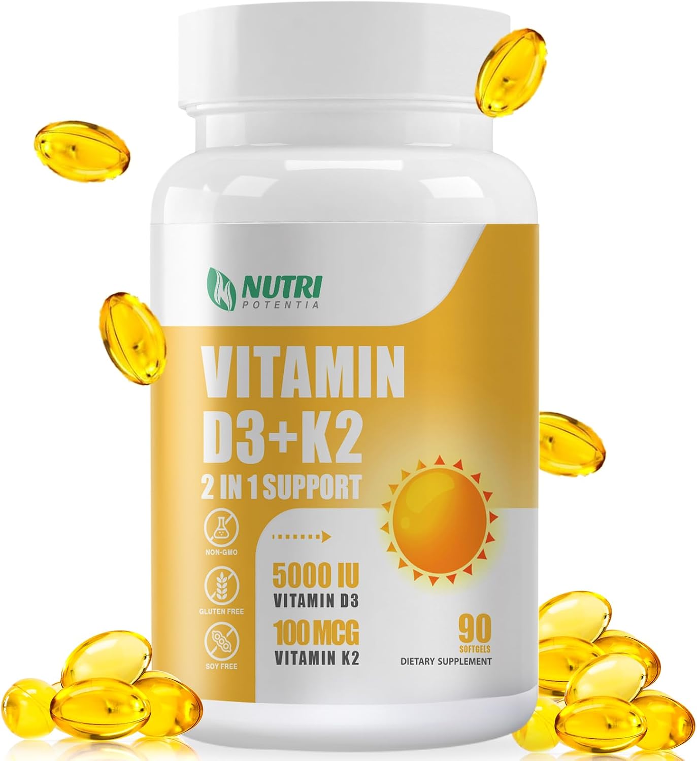 NUTRI POTENTIA Vitamina D3 + K2 con Aceite MCT, 5000 UI D3 y 100 mcg K2 (MK-7), 90 Cápsulas Blandas