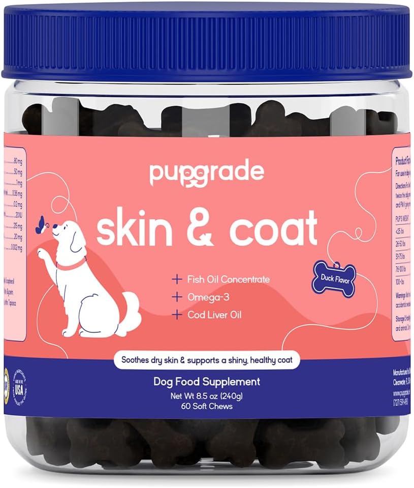 PupGrade Skin & Coat Supplement for Dogs, Duck Flavor – 60 Soft Chews | Supports Healthy Skin, Coat, and Immune Function - Rich in Natural Fish Oil, Omega Fatty Acids, and Vitamins