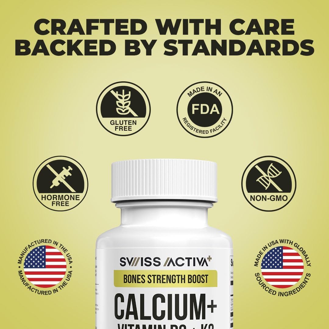 Calcio con Vitamina D3 y K2 – Swiss Activa+ Labs – Vegano, No-GMO – 60 Días