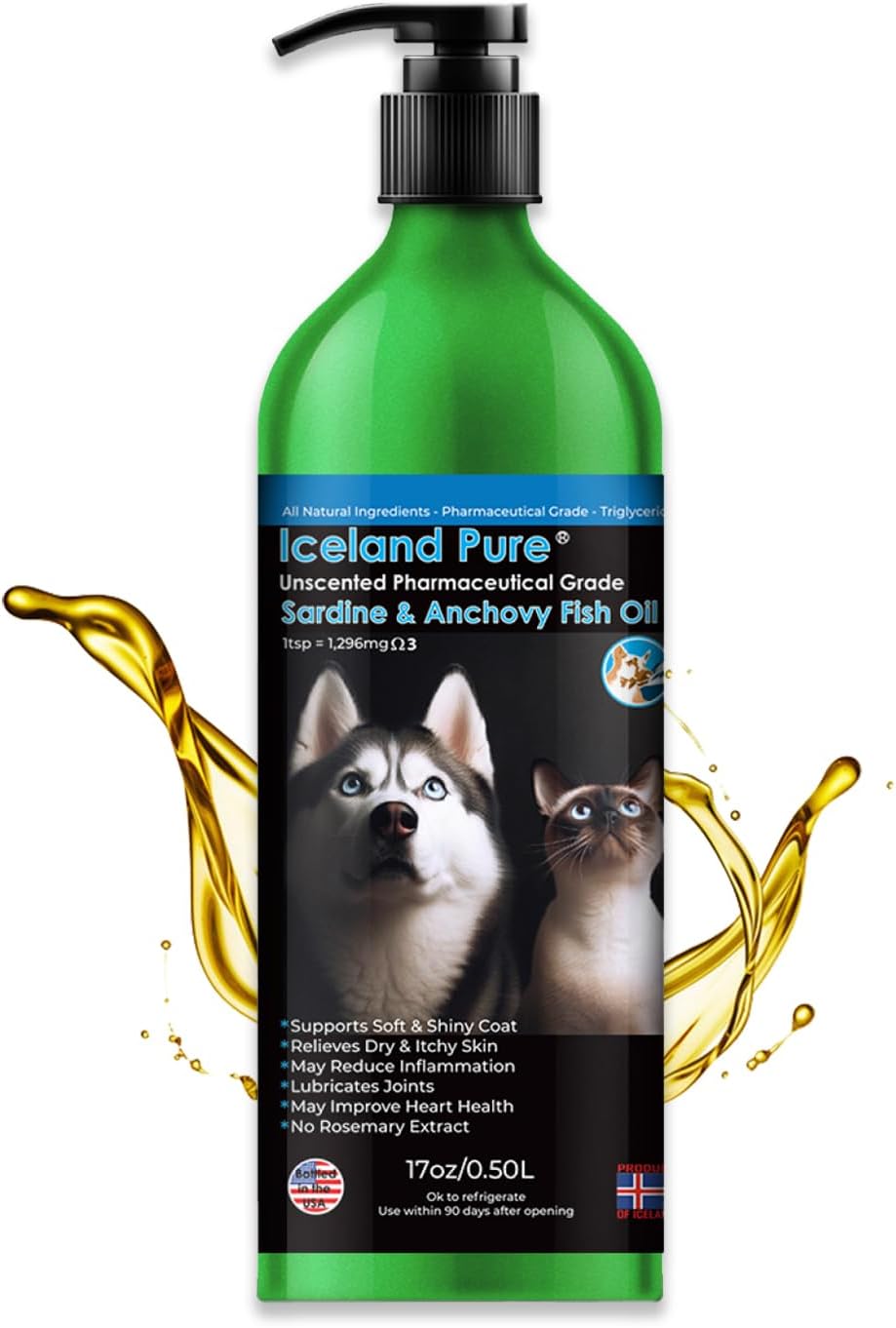 Sardine and Anchovy Oil for Dogs and Cats | 1296mg Omega 3 | Pharmaceutical Grade | 17 oz Bottle with Dispenser