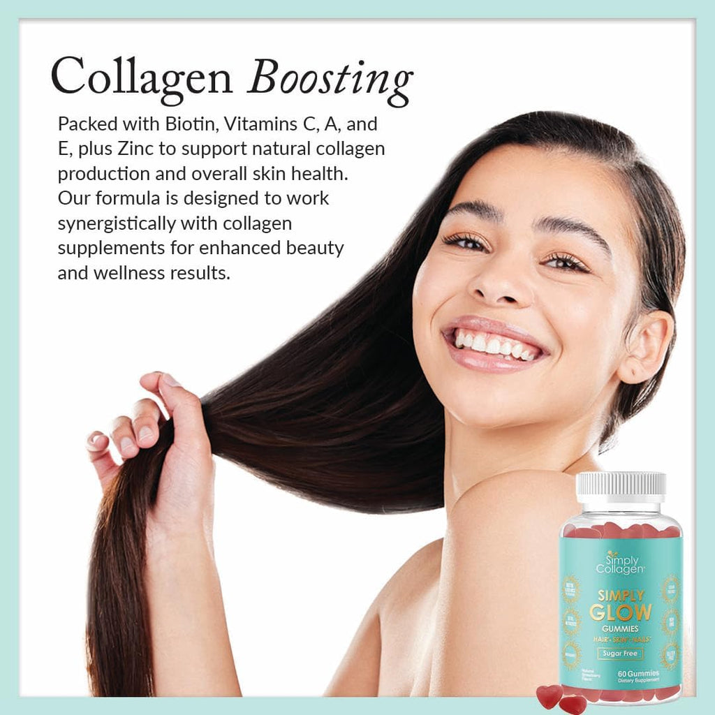 Simply Collagen® Simply Glow Gominolas para Cabello, Piel y Uñas – Vegano, Sin Azúcar, Sin Gluten – Biotina 5000 mcg – 60 unidades