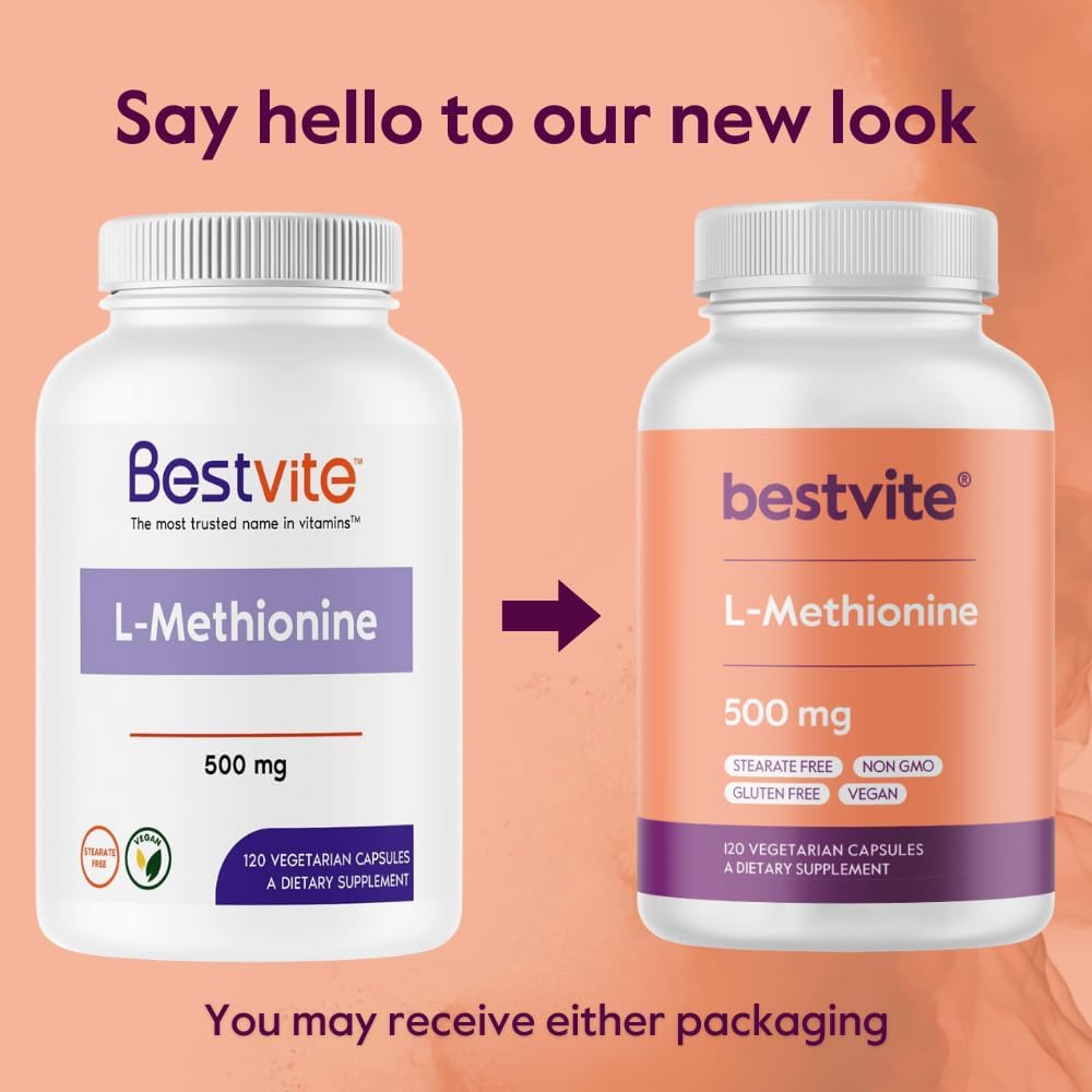 BESTVITE L-Metionina 500mg (120 Cápsulas Vegetales) - Sin Estearatos - Vegano - No Transgénico - Sin Gluten