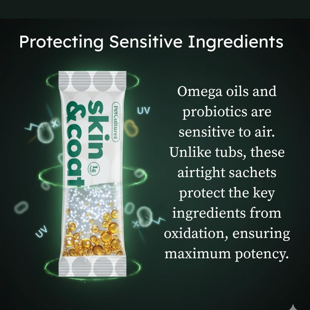 PetCultures Skin & Coat Tribiotic Suplemento en Polvo para Perros – Omega 3 y 6, Biotina, Eje Intestino-Piel (10 sobres)
