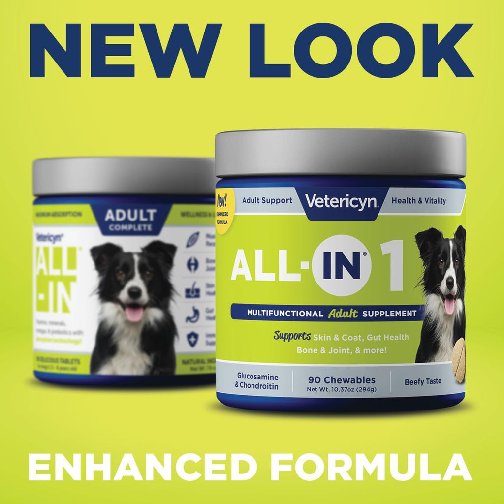 Vetericyn All-in 1 Suplemento Multifuncional para Perros | Enzimas Digestivas + Glucosamina y Condroitina para Huesos y Articulaciones + Vitaminas, Antioxidantes, Prebióticos, Probióticos y Omega. 90 Comprimidos