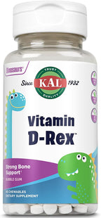 KAL Vitamin D-Rex Chewable for Kids, Vitamin D3 400 IU, Bubblegum Flavored, 90 Dinosaur Shaped Tablets