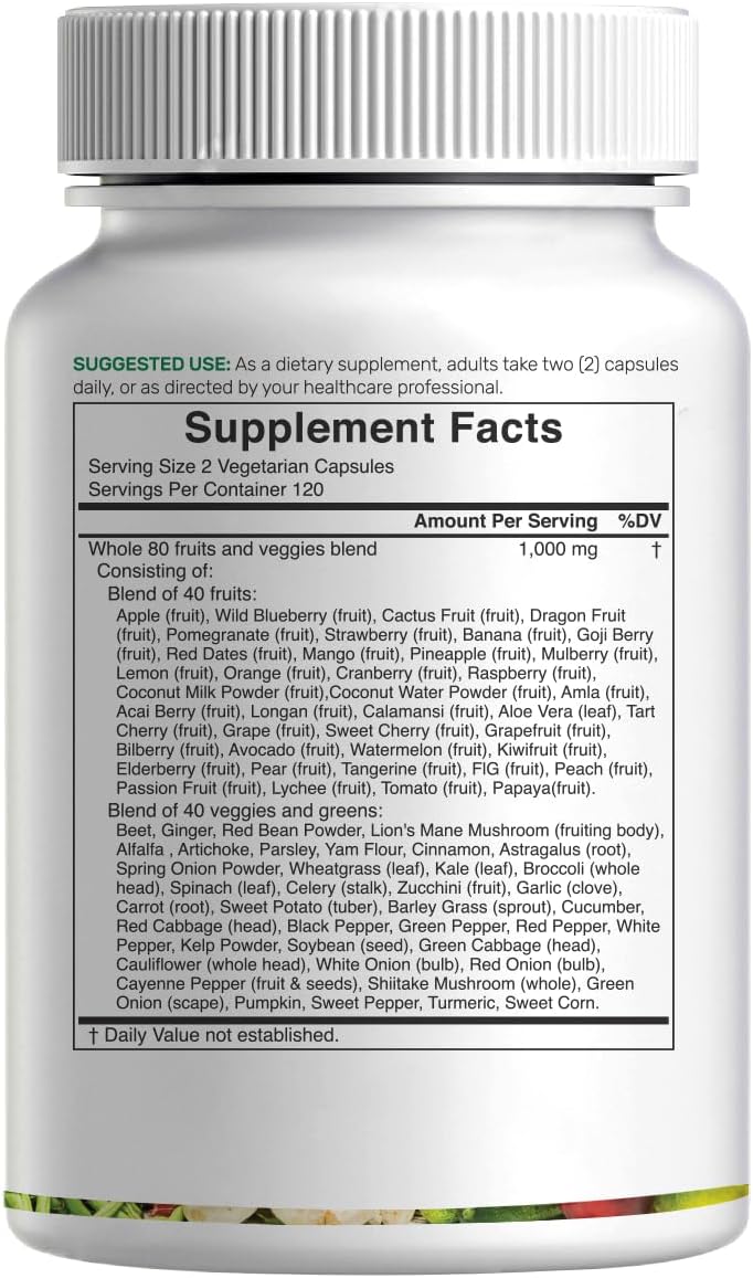 Nature’s Fruits & Veggies Suplemento, 240 Cápsulas Vegetales – 80 Superalimentos Integrales para el Equilibrio Diario