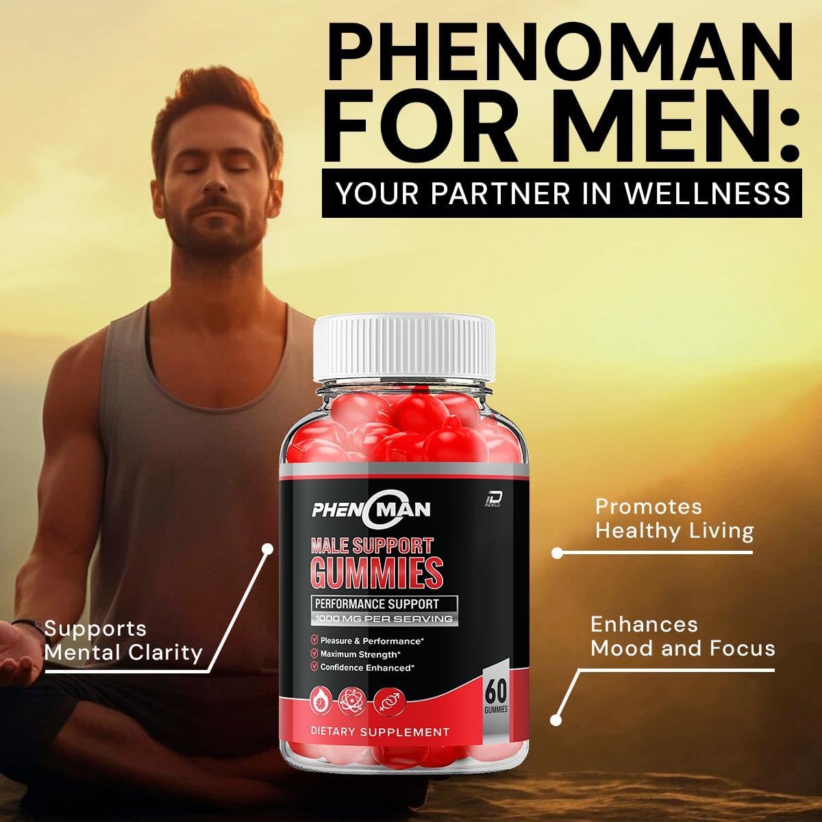Phenoman for Men Gummies – Phenoman Advanced Formula, Suplemento Extra Fuerte Natural para el Crecimiento Muscular y Apoyo a la Salud General (2 Paquetes – 120 Gominolas)