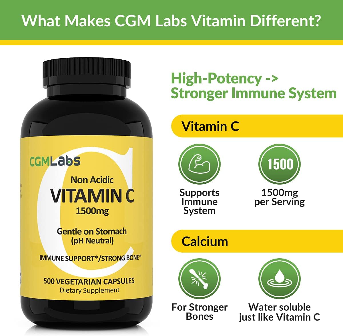 CGMLABS Vitamina C No Ácida 1500mg con Calcio - 500 Cápsulas
