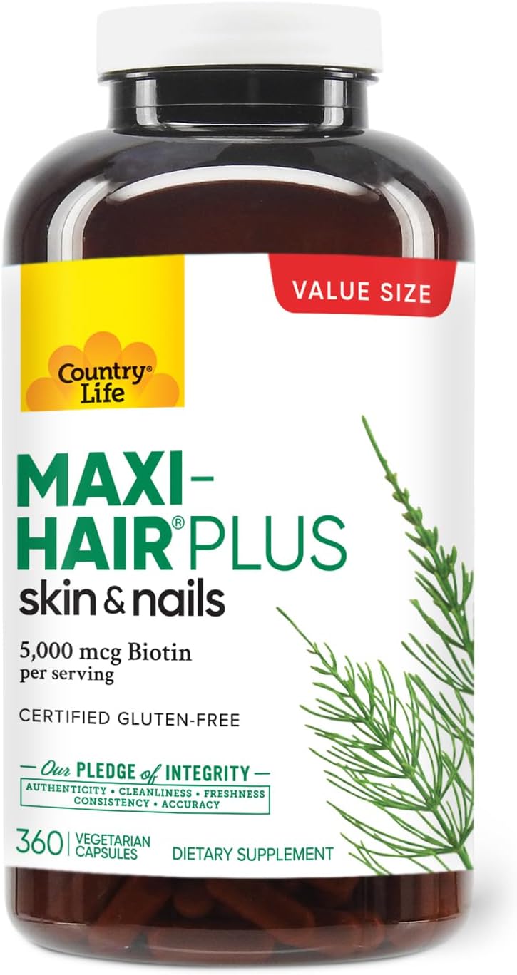 Country Life Maxi-Hair Plus Biotina 5000 mcg, 360 Cápsulas - Sin Gluten, Vegetariano