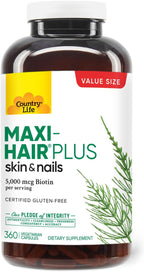 Country Life Maxi-Hair Plus Biotina 5000 mcg, 360 Cápsulas - Sin Gluten, Vegetariano