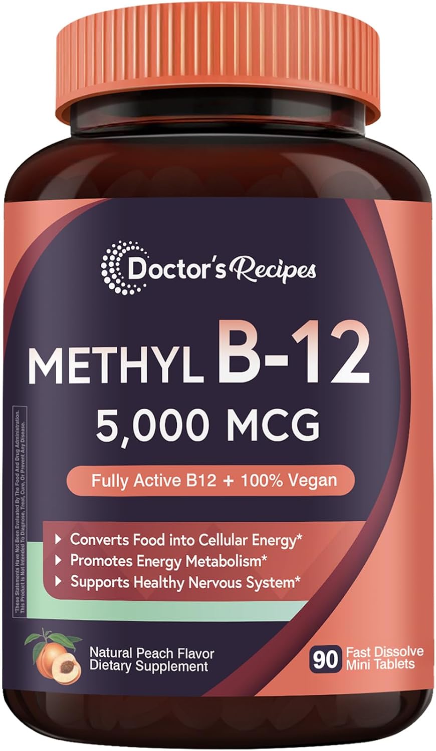 Doctor's Recipes Vitamina B12, Metilcobalamina 5000 mcg, 90 Comprimidos de Disolución Rápida, Sabor Natural a Melocotón, Vegano