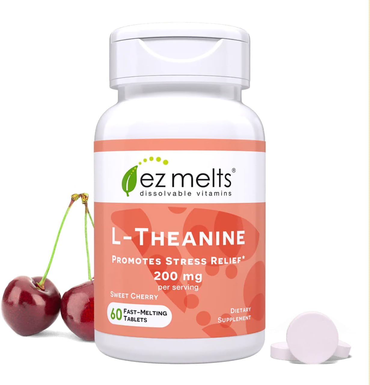 EZ Melts L-Teanina 200 mg - Suplemento para el Estrés y la Relajación - Sin Sabores Artificiales - Sin Somnolencia - No GMO y Vegano - Cereza Dulce - 60 Comprimidos Disolubles (30 Dosis)
