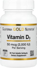 California Gold Nutrition Vitamina D3, 50 mcg (2.000 UI), 90 Cápsulas Blandas de Gelatina de Pescado
