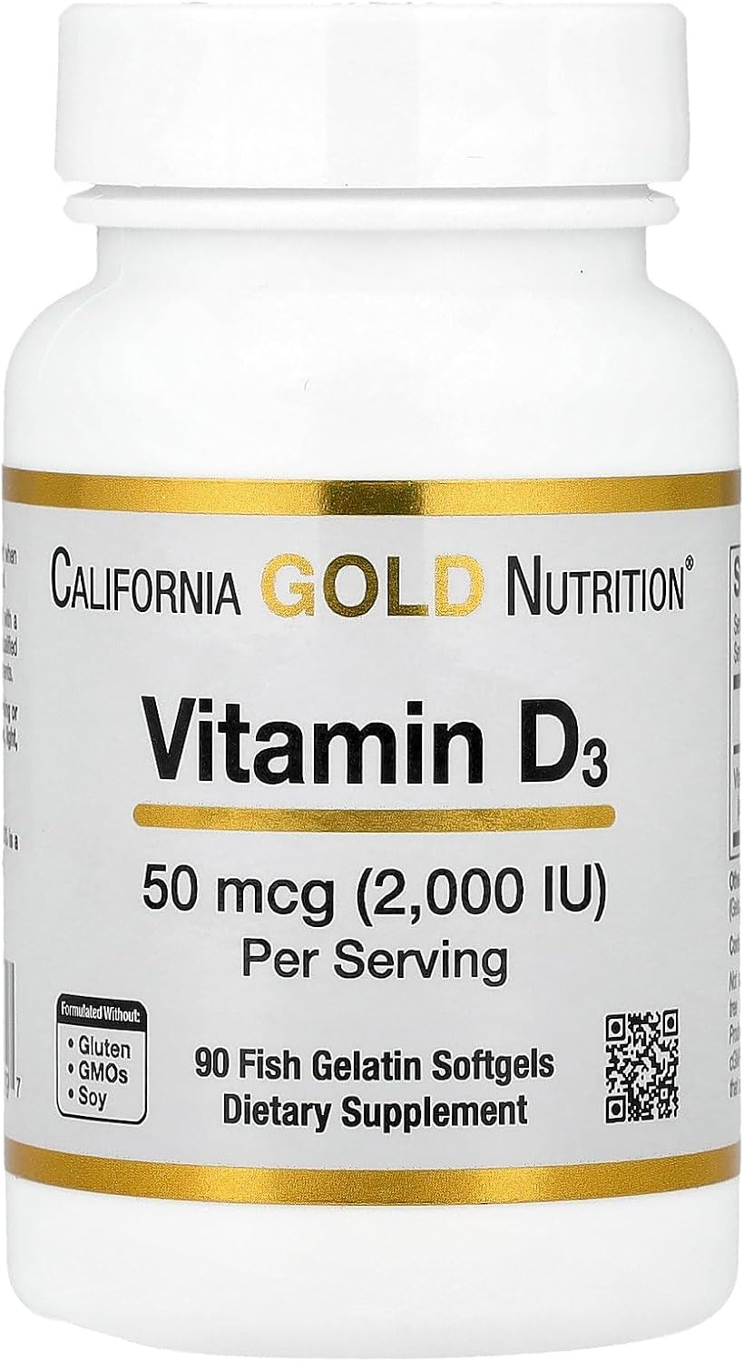 California Gold Nutrition Vitamina D3, 50 mcg (2.000 UI), 90 Cápsulas Blandas de Gelatina de Pescado