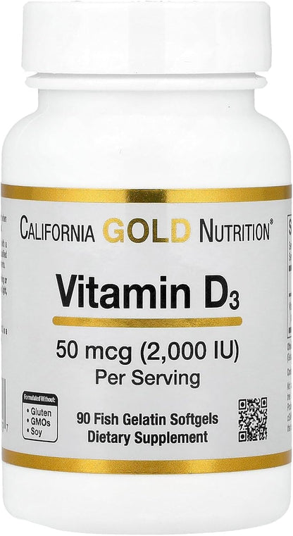 California Gold Nutrition Vitamina D3, 50 mcg (2.000 UI), 90 Cápsulas Blandas de Gelatina de Pescado – Image 1