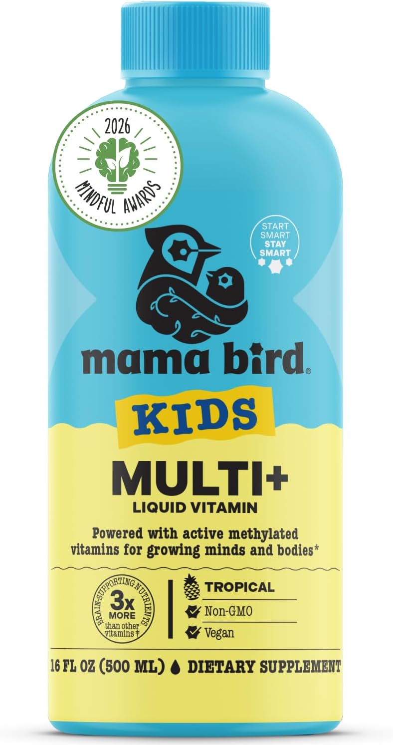Mama Bird - Multivitamínico Líquido para Niños (31 Dosis) Sabor Tropical - Vitaminas Metiladas Activas, Superalimentos Orgánicos, Enzimas - Vegano, Sin Gluten, No GMO - 473 ml
