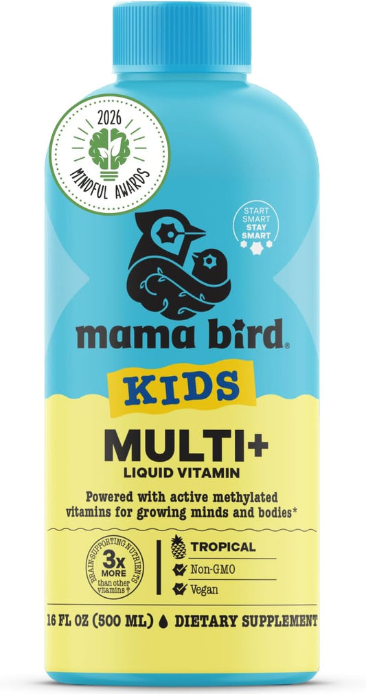 Mama Bird - Multivitamínico Líquido para Niños (31 Dosis) Sabor Tropical - Vitaminas Metiladas Activas, Superalimentos Orgánicos, Enzimas - Vegano, Sin Gluten, No GMO - 473 ml