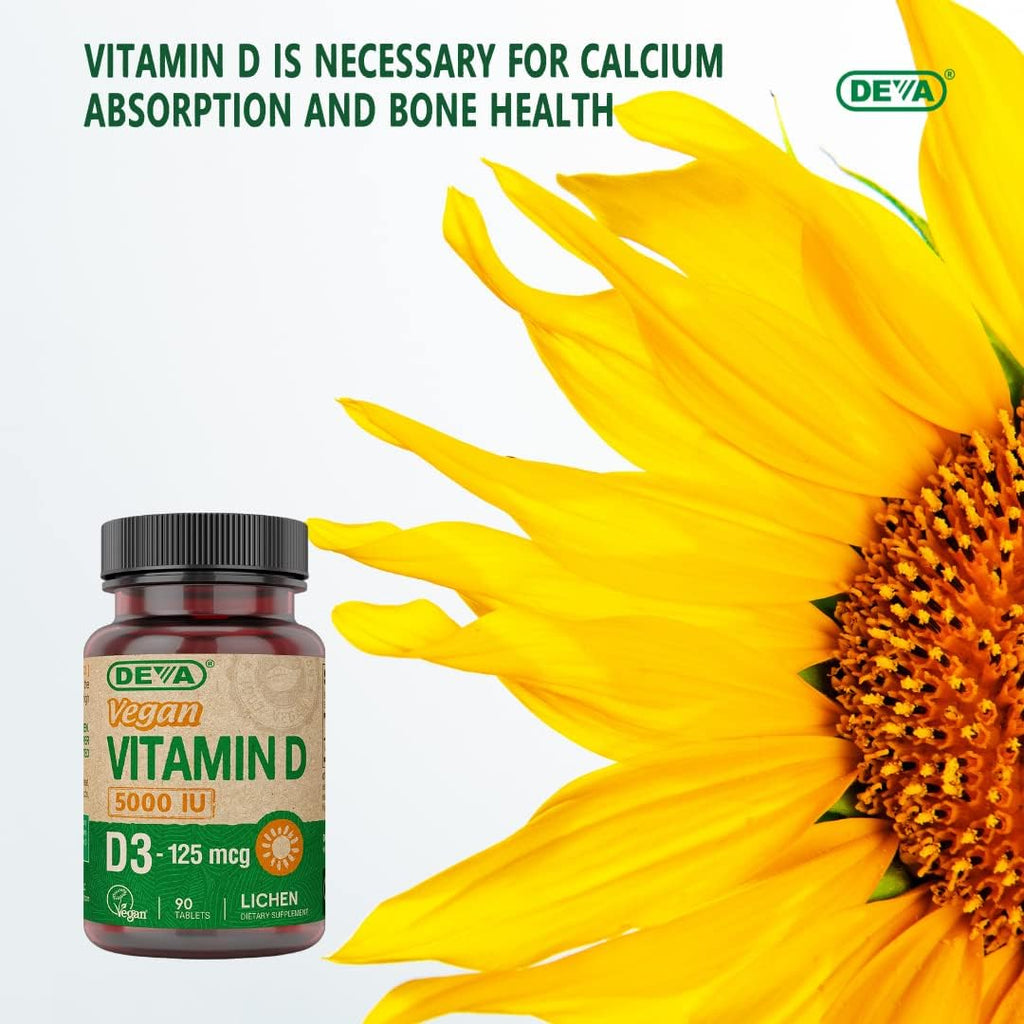 DEVA Vitamina D3 5000 UI - Suplemento Vegano a partir de Liquen, 90 Comprimidos