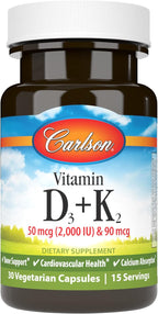 Carlson Vitamina D3 + K2, 2000 UI D3 y 90 mcg K2 MK-7, 60 Cápsulas