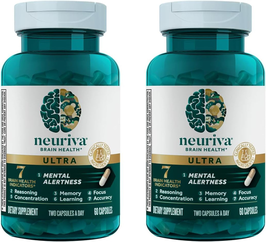 NEURIVA Ultra Decaf Suplemento Nootrópico para Memoria, Concentración y Enfoque, 60 Cápsulas (2 Paquetes)