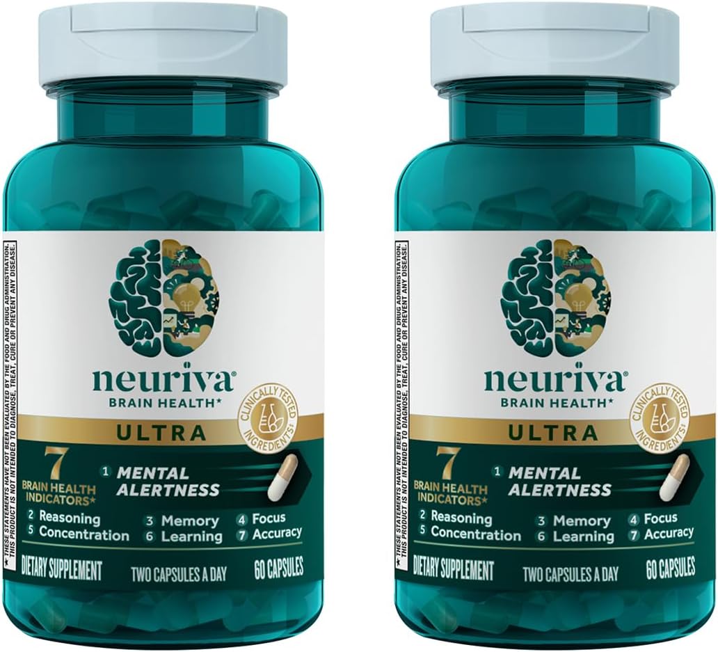 NEURIVA Ultra Decaf Suplemento Nootrópico para Memoria, Concentración y Enfoque, 60 Cápsulas (2 Paquetes)
