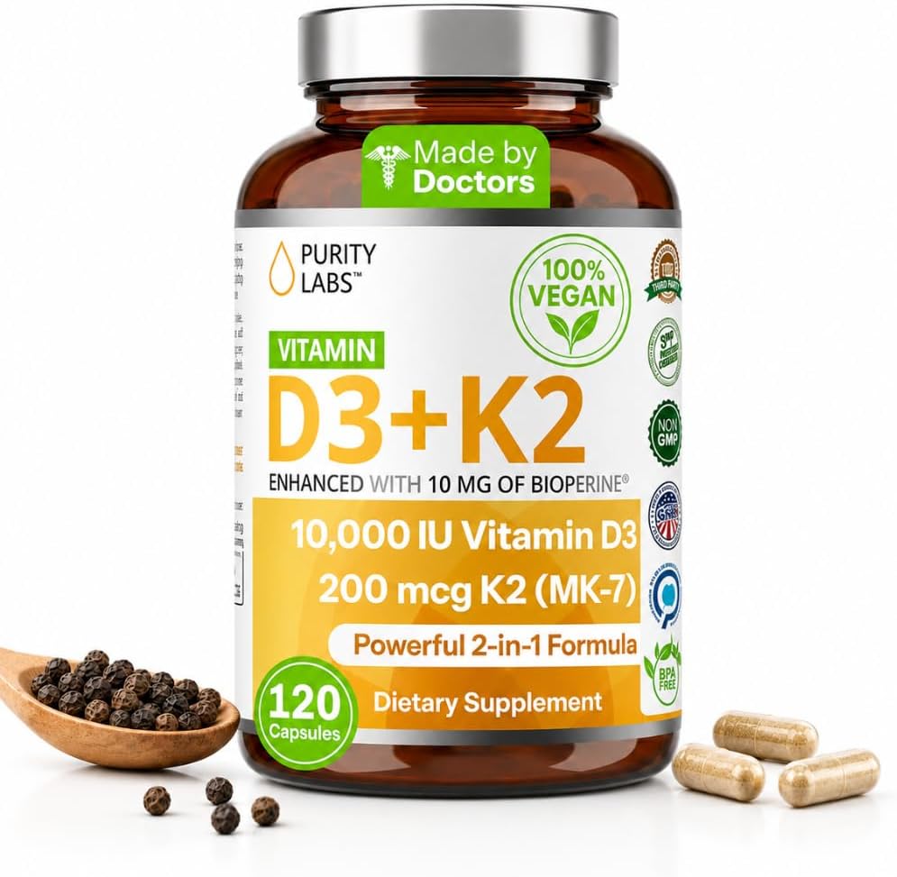 Purity Labs Vitamina D3 + K2 10000 IU, 200 mcg K2 MK-7 con Bioperine, 120 Cápsulas