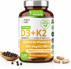 Purity Labs Vitamina D3 + K2 10000 IU, 200 mcg K2 MK-7 con Bioperine, 120 Cápsulas