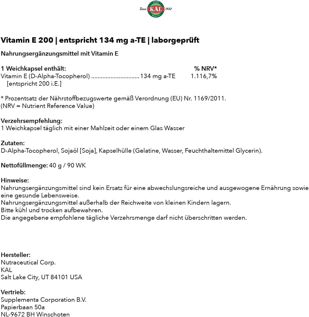 KAL E-200 D-Alpha Tocopherol 200 IU, 90 Cápsulas Blandas