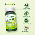 INNERVISNUTRITION Vitamina D3 5000 UI + K2 MK-7 100 mcg – Apoyo óseo, cardíaco e inmunológico, 60 cápsulas