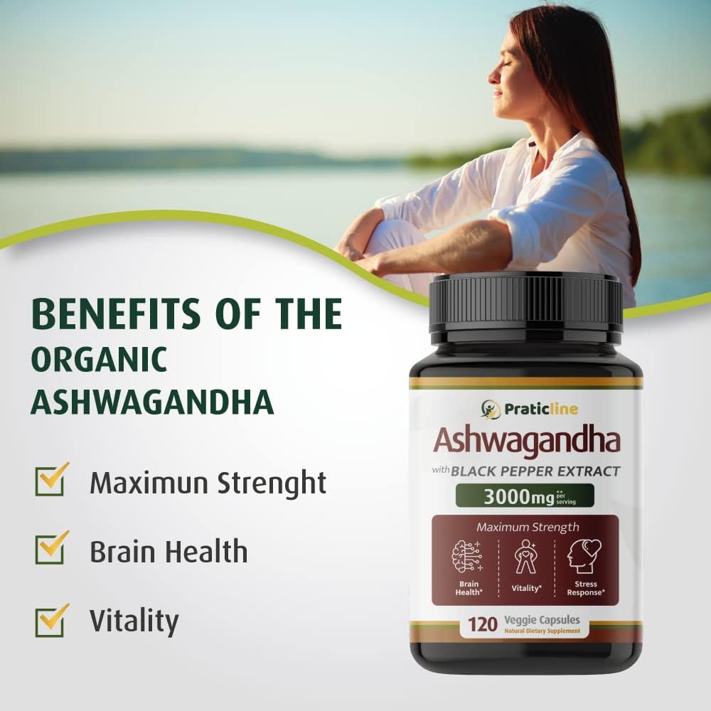 PRATIC LINE Ashwagandha Cápsulas 3000 mg - 120 Cápsulas Veganas con Polvo y Extracto de Raíz Orgánica. Sin Gluten. Hecho en EE. UU.