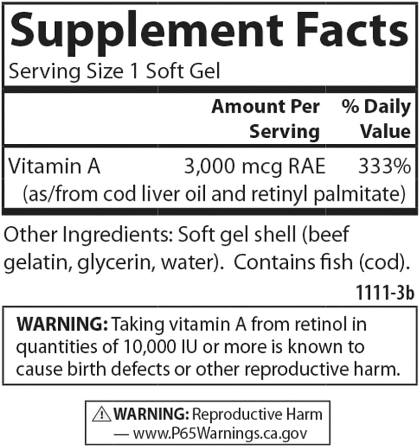 Carlson - Vitamina A, 10000 UI (3000 mcg RAE), Salud Visual, 100 Cápsulas Blandas