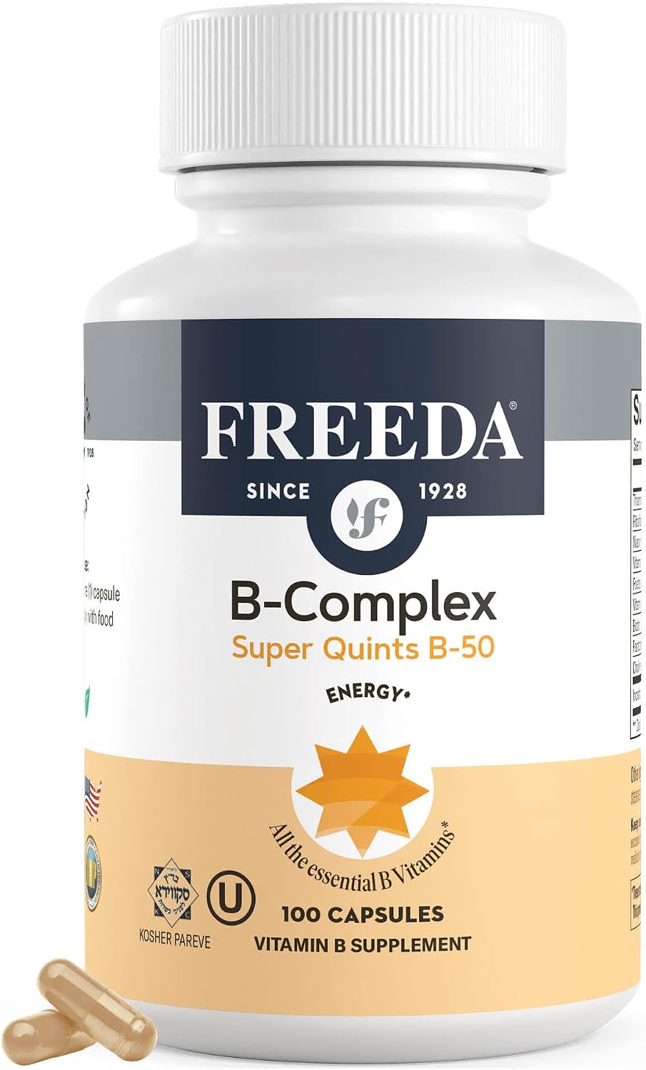 FREEDA Vitamin B-50 Complex – Super Quints B-Complex con B1, B2, B3, B5, B6, Biotina, Folato, B12, Colina e Inositol – 100 Cápsulas Veganas