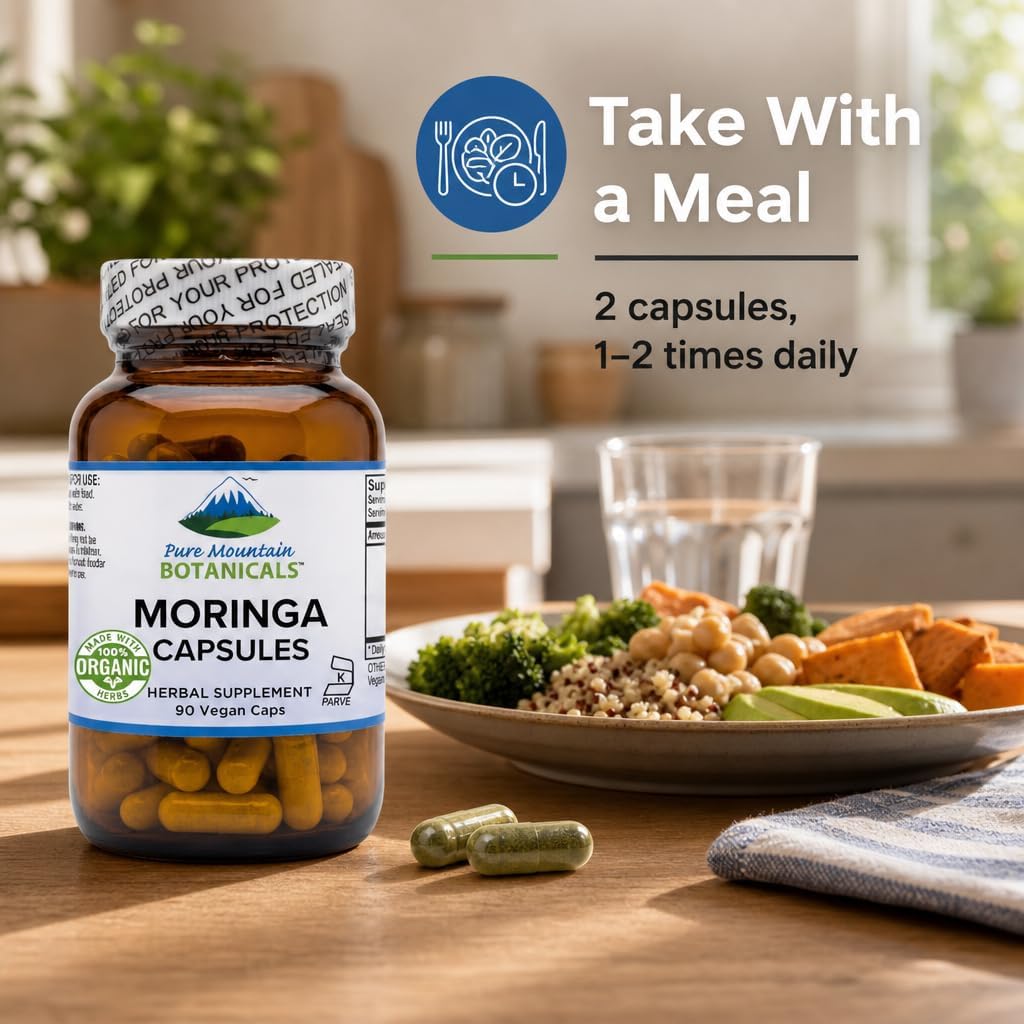 Pure Mountain Botanicals Moringa en Cápsulas - 1000mg Orgánico por Ración - 90 Cápsulas - Vegano Kosher Sin Gluten