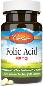 Carlson Ácido Fólico 400 mcg - Suplemento Prenatal para el Desarrollo Fetal, 300 Comprimidos