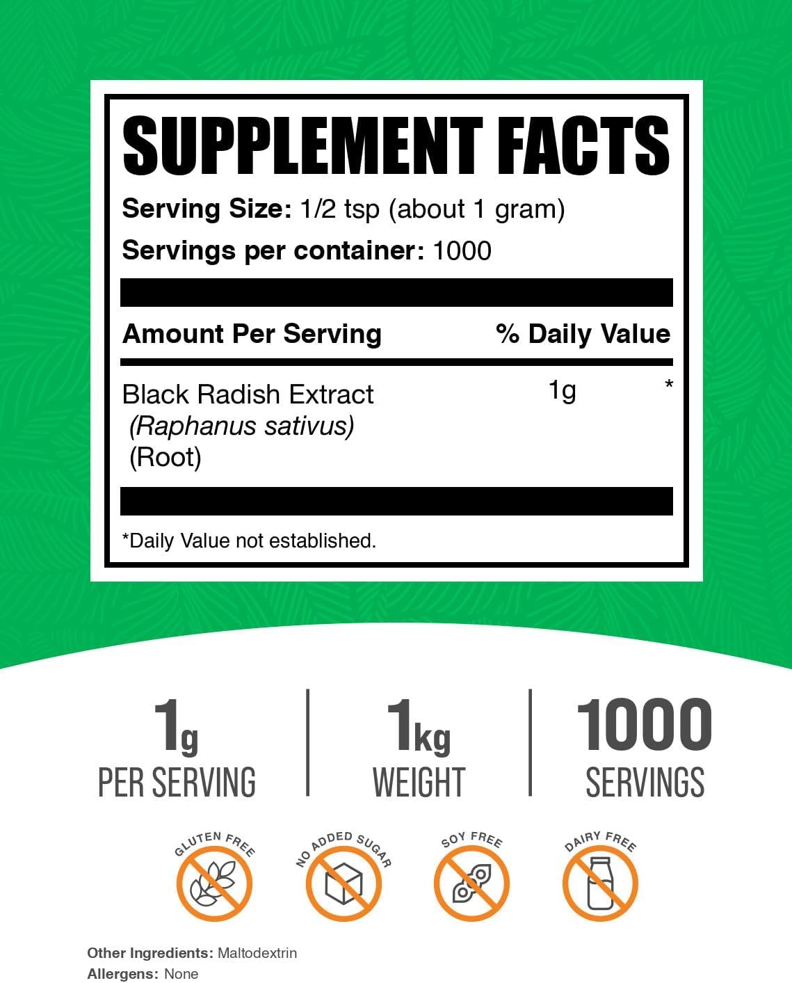BulkSupplements Extracto de Rábano Negro en Polvo - Suplemento Herbal, Vegano y Sin Gluten, 1kg