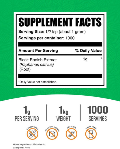 BulkSupplements Extracto de Rábano Negro en Polvo - Suplemento Herbal, Vegano y Sin Gluten, 1kg – Image 2