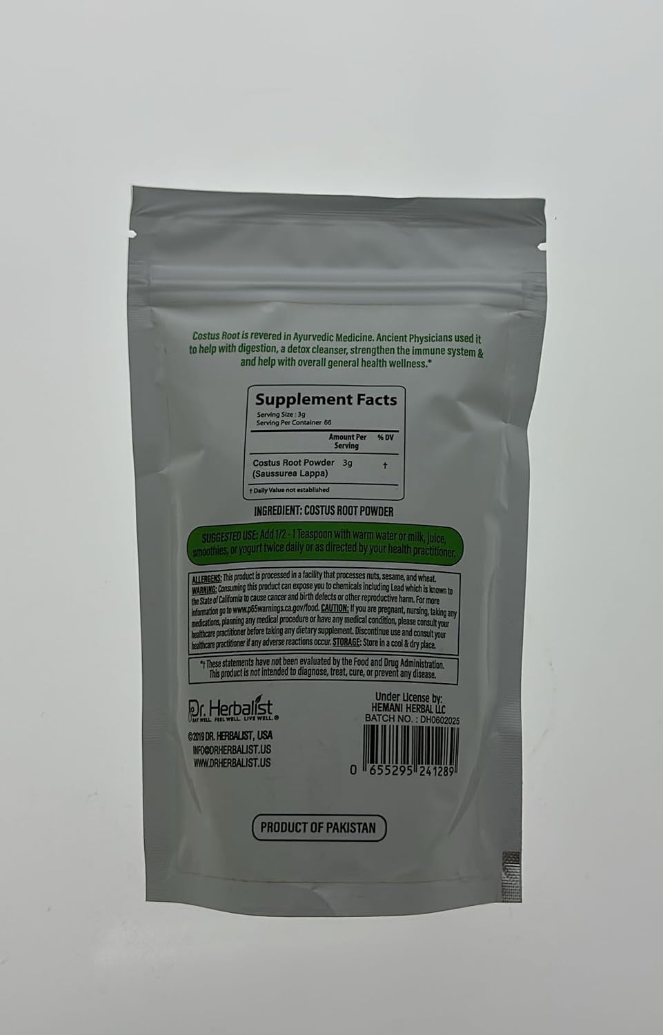 Dr. HERBALIST Polvo de Raíz de Costus 200g - Saussurea Costus Puro (Qust Al-Hindi) con Costunólido | Halal