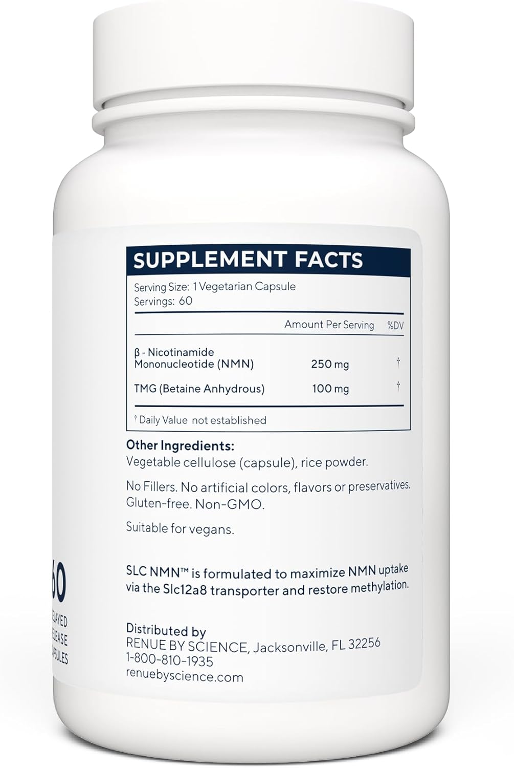 Renue By Science NMN Suplemento | 60 Cápsulas Entéricas SLC - 250mg Nicotinamida Mononucleótido por Dosis