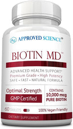 Approved Science Biotin MD - 10.000 mcg de Biotina por Dosis - 180 Comprimidos Veganos
