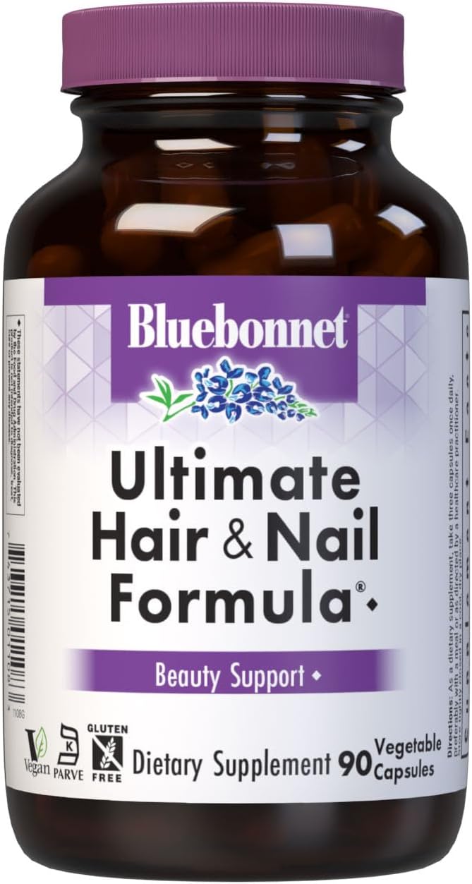 BlueBonnet Nutrition Ultimate Hair and Nail Formula – Vitaminas, Minerales y Nutrientes Especiales para la Belleza Interior, Sin Gluten, Vegano, 90 Cápsulas Vegetales