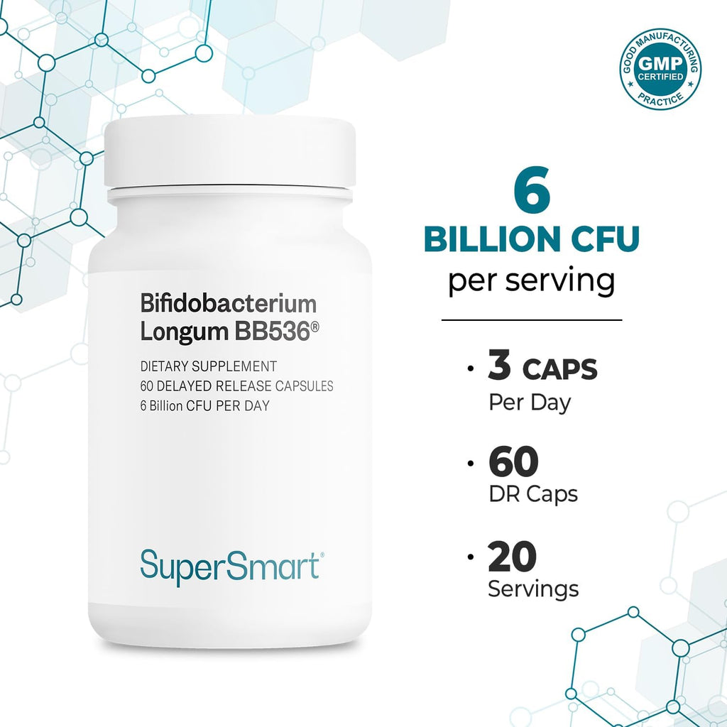Supersmart Bifidobacterium Longum (BB536) 6 mil millones UFC - Probiótico y Prebiótico, 60 Cápsulas DR