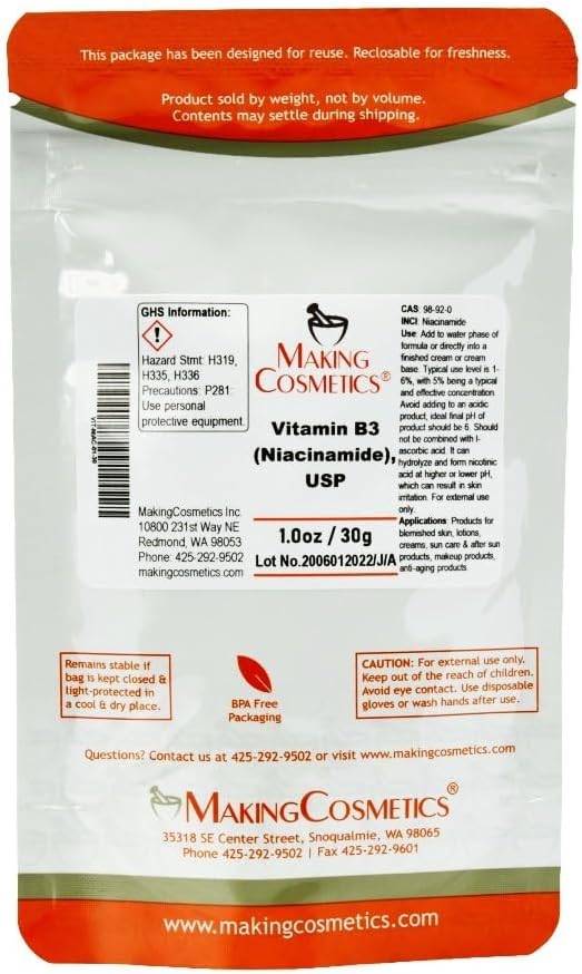 Niacinamida (Vitamina B3) USP Grado - Ingrediente Cosmético - 30g