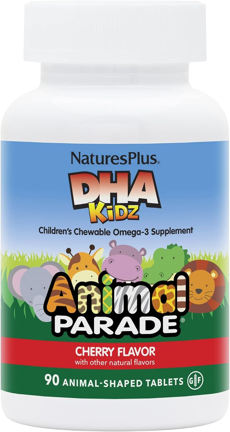 NaturesPlus Animal Parade DHA - Comprimidos masticables para niños - Sabor cereza natural - 90 comprimidos con forma de animal - Omega-3 DHA vegetariano
