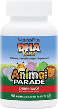 NaturesPlus Animal Parade DHA - Comprimidos masticables para niños - Sabor cereza natural - 90 comprimidos con forma de animal - Omega-3 DHA vegetariano