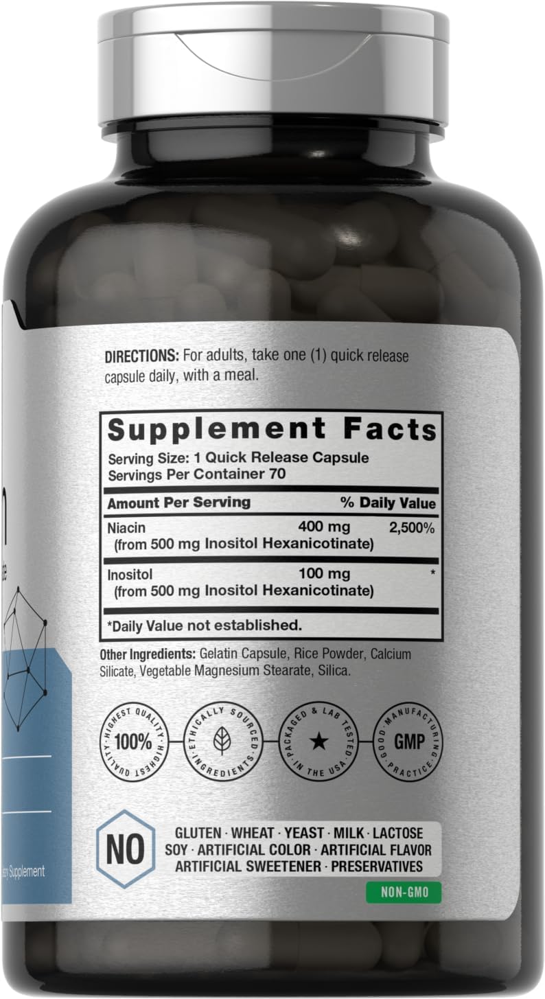 Horbaach Niacina 500mg Sin Enrojecimiento | 70 Cápsulas | Vitamina B3 Inositol Hexanicotinato | Sin OMG y Sin Gluten