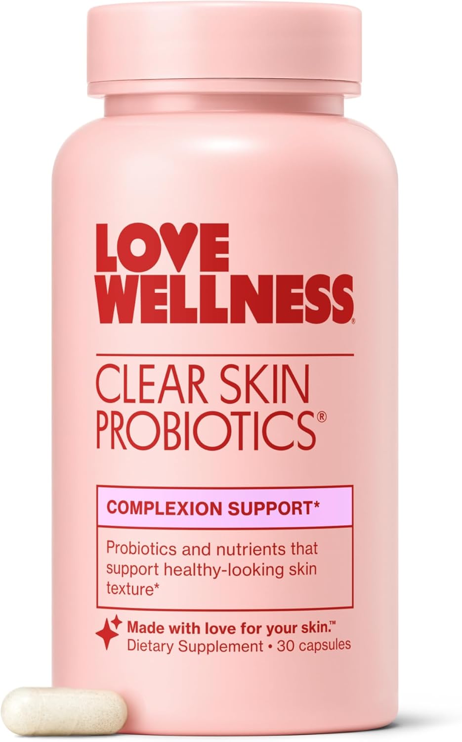 Love Wellness Clear Skin Probiotic – Probiótico para la Piel con Zinc, Bifidobacterium Longum y Extracto de Fruto de Sauzgatillo | 30 Cápsulas