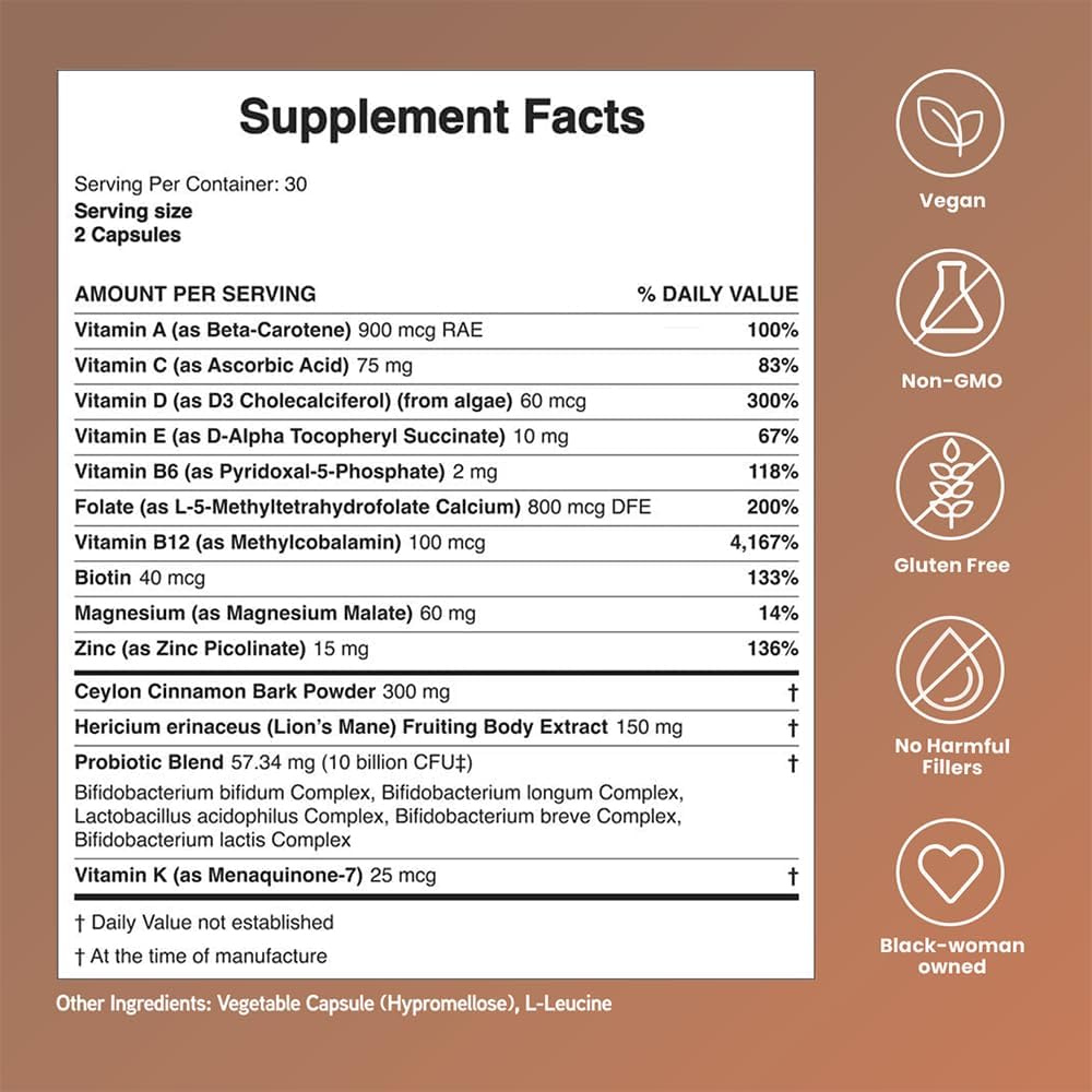 Mela Daily Essentials Multivitamínico para Mujeres con Melanina - Alta Dosis de Vitamina D3 y B12, Probióticos, Melena de León, Canela de Ceilán - Vegano, Sin Gluten, Sin OGM, Suministro para 30 Días (60 Cápsulas)