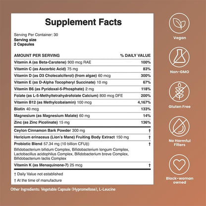 Mela Daily Essentials Multivitamínico para Mujeres con Melanina - Alta Dosis de Vitamina D3 y B12, Probióticos, Melena de León, Canela de Ceilán - Vegano, Sin Gluten, Sin OGM, Suministro para 30 Días (60 Cápsulas)